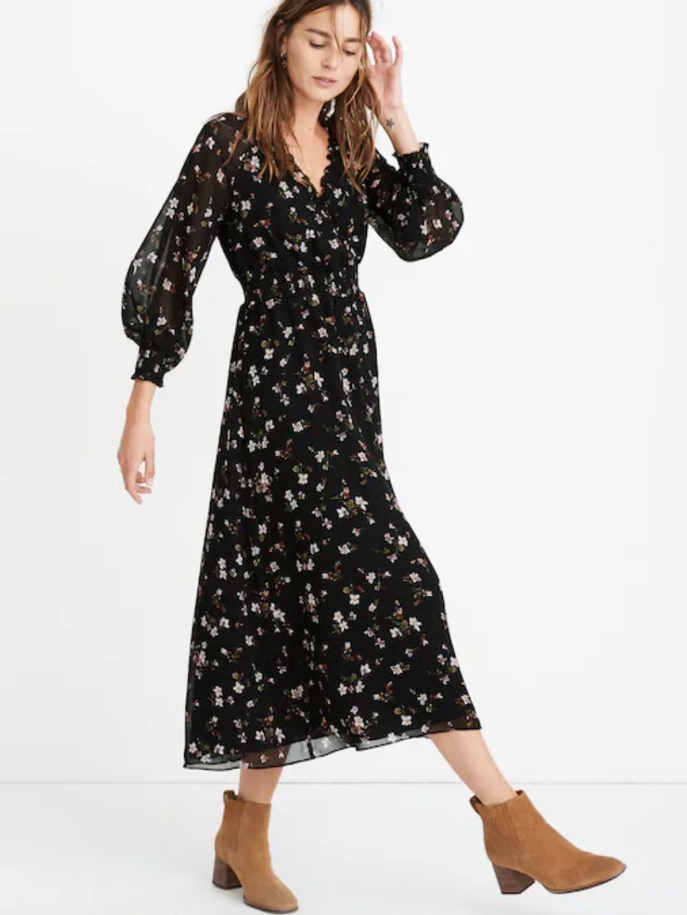 Madewell Georgette midi dress Smocked Black Backyard Blooms Floral Lola XXS S